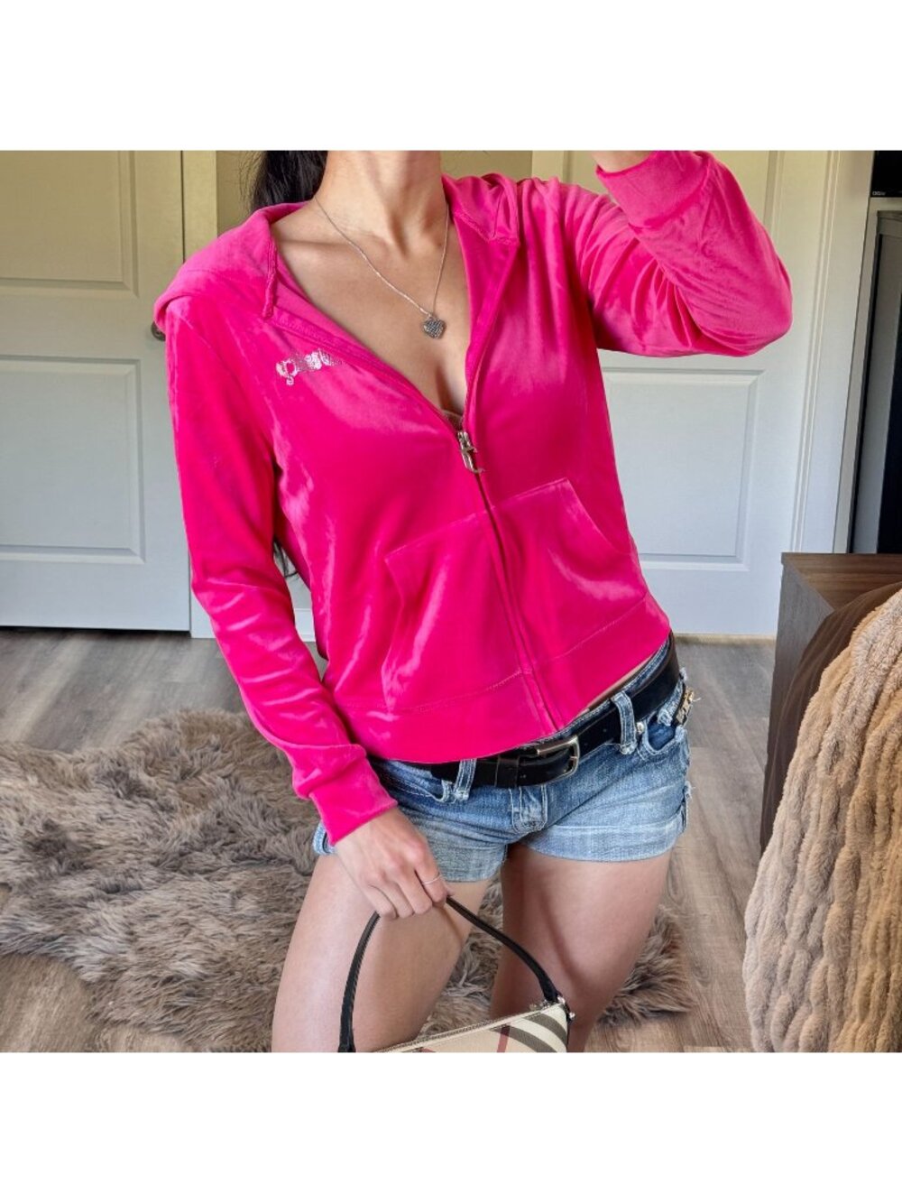 Y2K Juicy Couture Velour Track Jacket Womens M Hot Pink Rhinestone Logo Preppy
